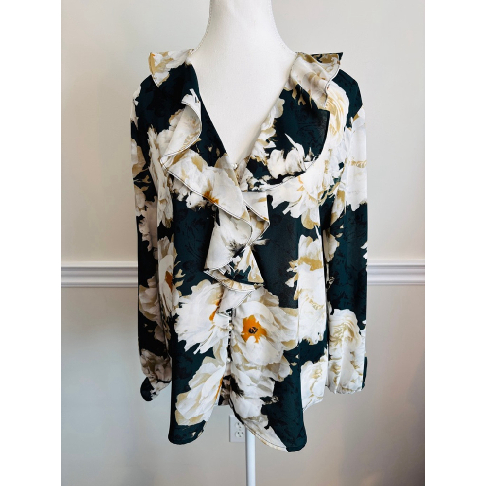 Karl Lagerfeld Paris Green White Floral V Neck Ruffle Large